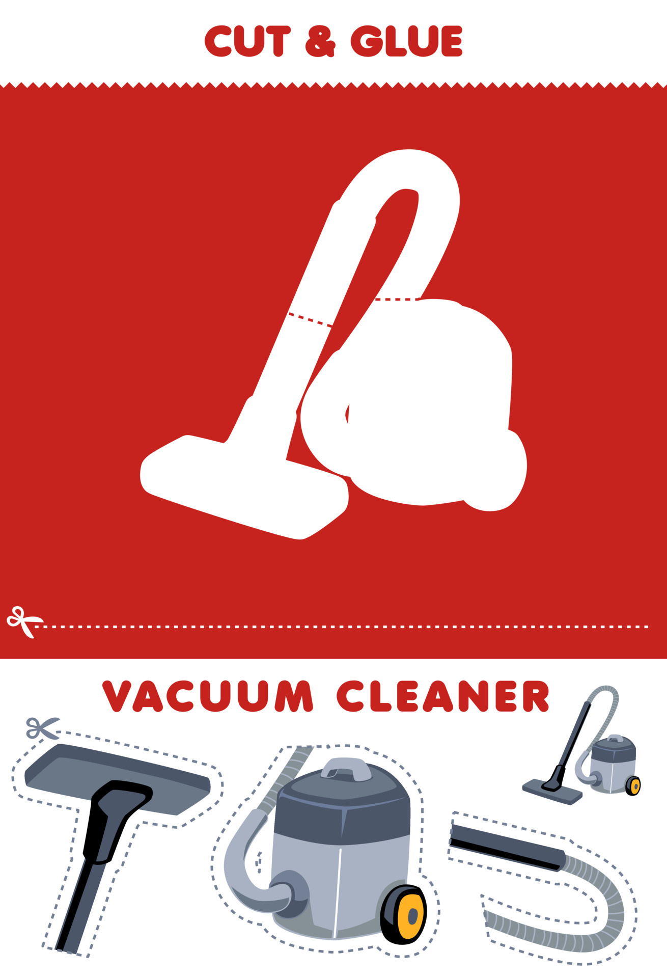 Education game for children cut and glue puzzle of cute cartoon vacuum cleaner picture printable