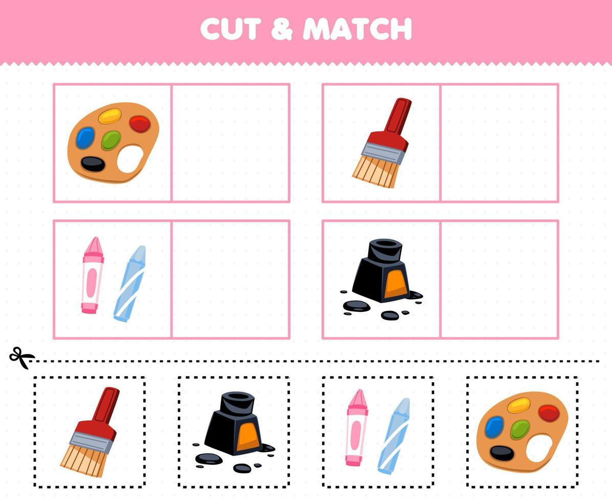 Education game for children cut and match the same picture of cute cartoon brush ink crayon palette printable tool worksheet vector