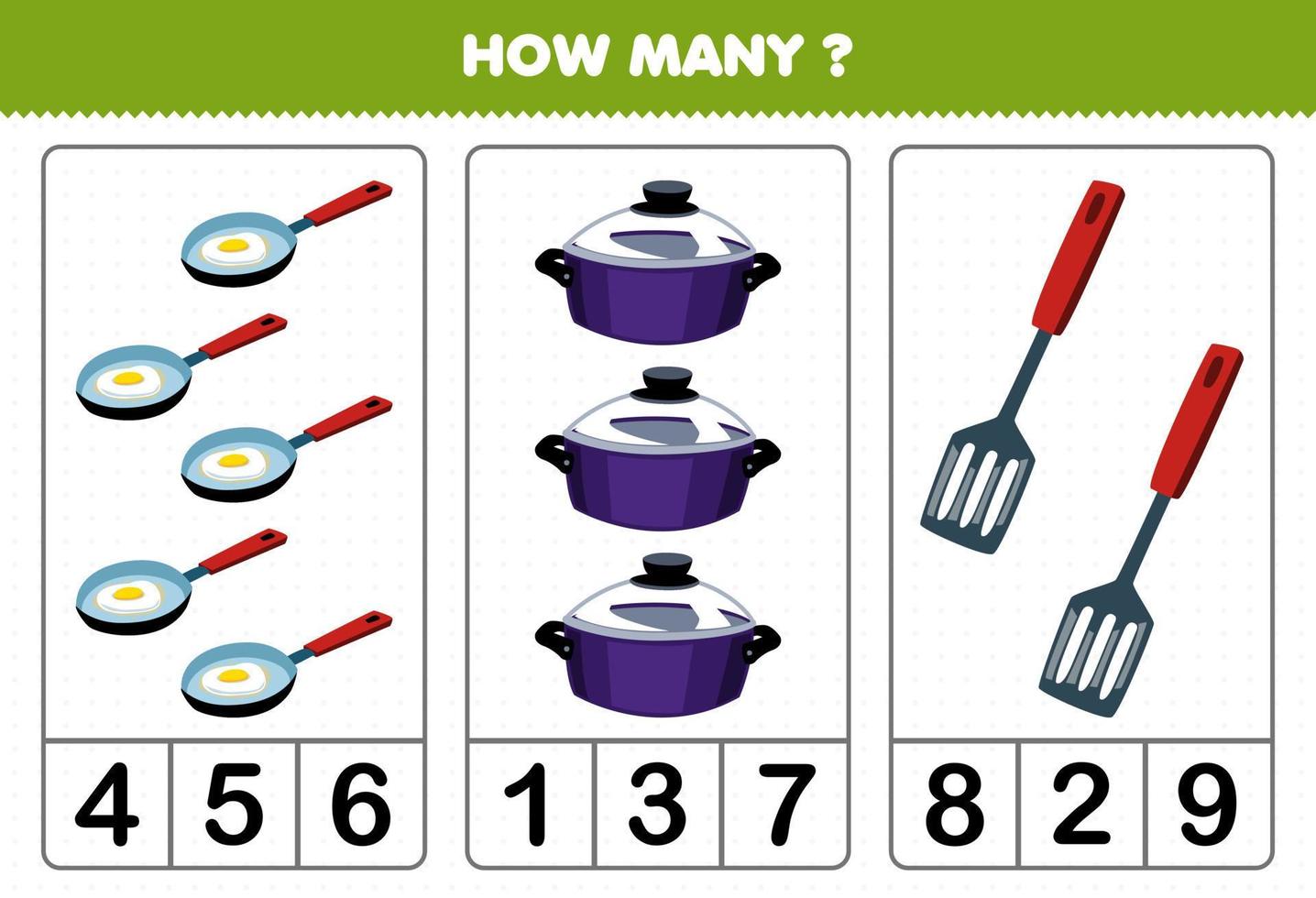 Education game for children counting how many cute cartoon frying pan pot spatula picture printable tool worksheet vector