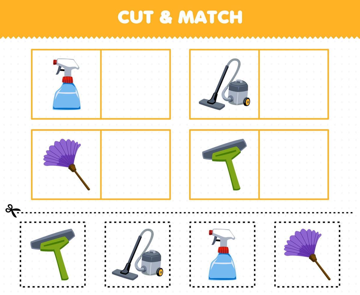 Education game for children cut and match the same picture of cute cartoon squeegee vacuum cleaner sprayer duster printable tool worksheet vector