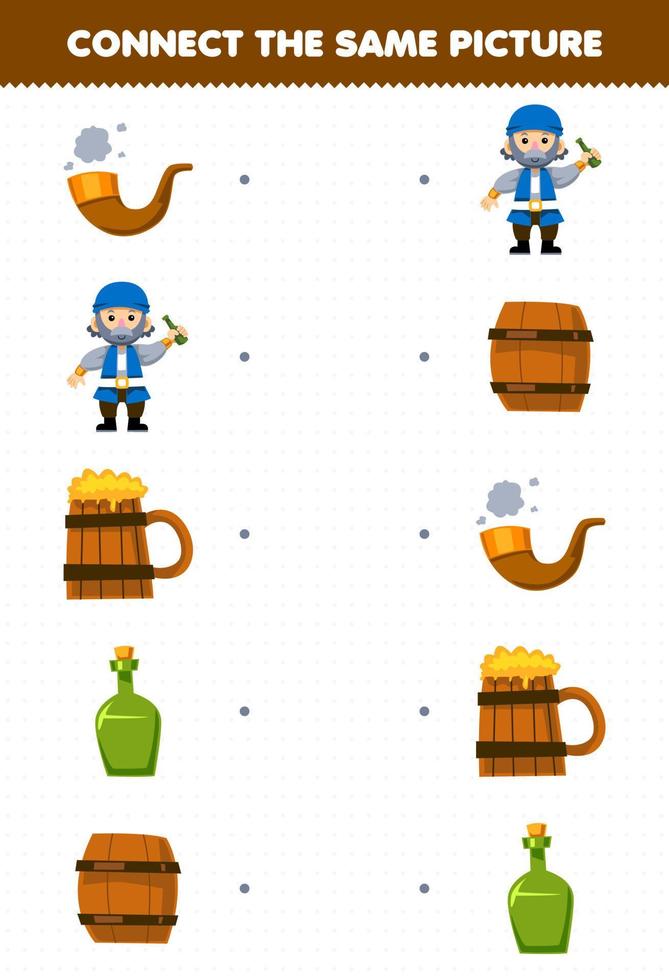 Education game for children connect the same picture of cartoon pipe wooden barrel and bottle printable pirate worksheet vector