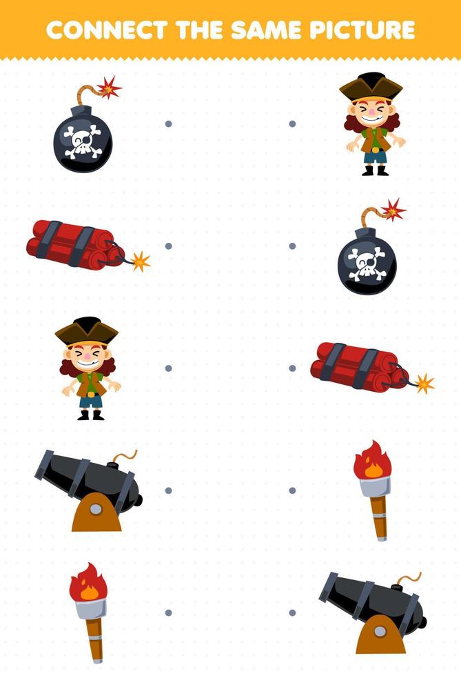 Education game for children connect the same picture of cartoon bomb dynamite cannon torch printable pirate worksheet vector