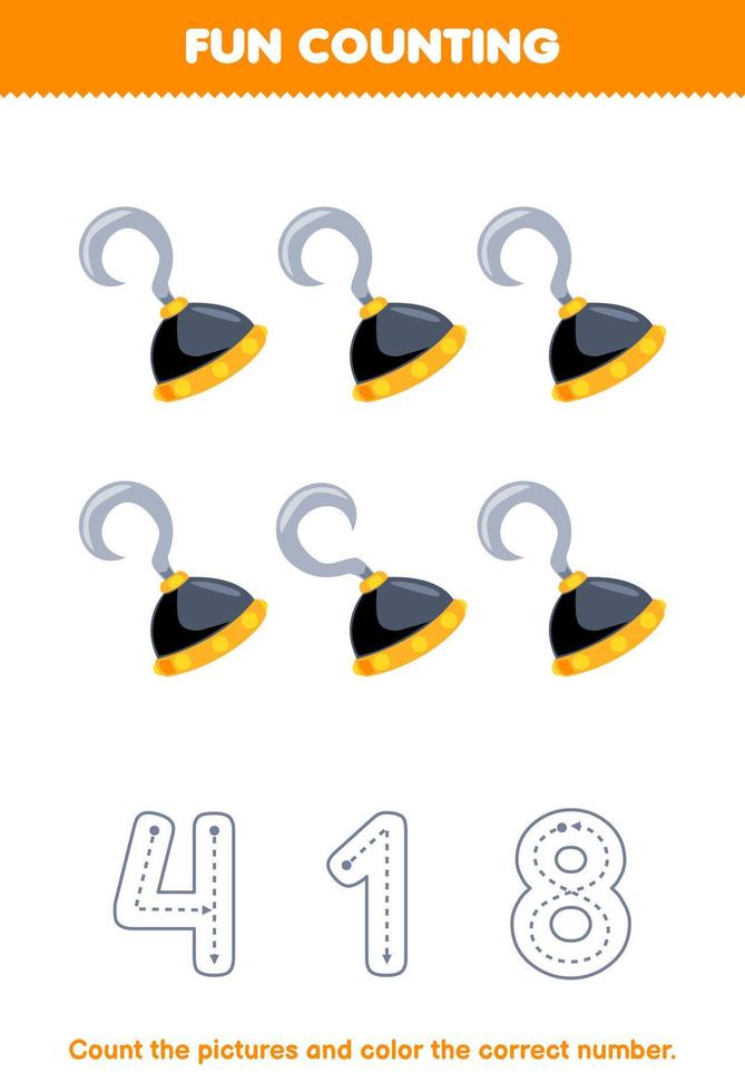Education game for children count the pictures and color the correct number from cute cartoon hook printable pirate worksheet vector