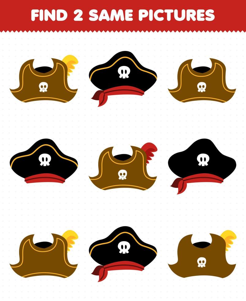 Education game for children find two same pictures of cute cartoon hat printable pirate worksheet vector