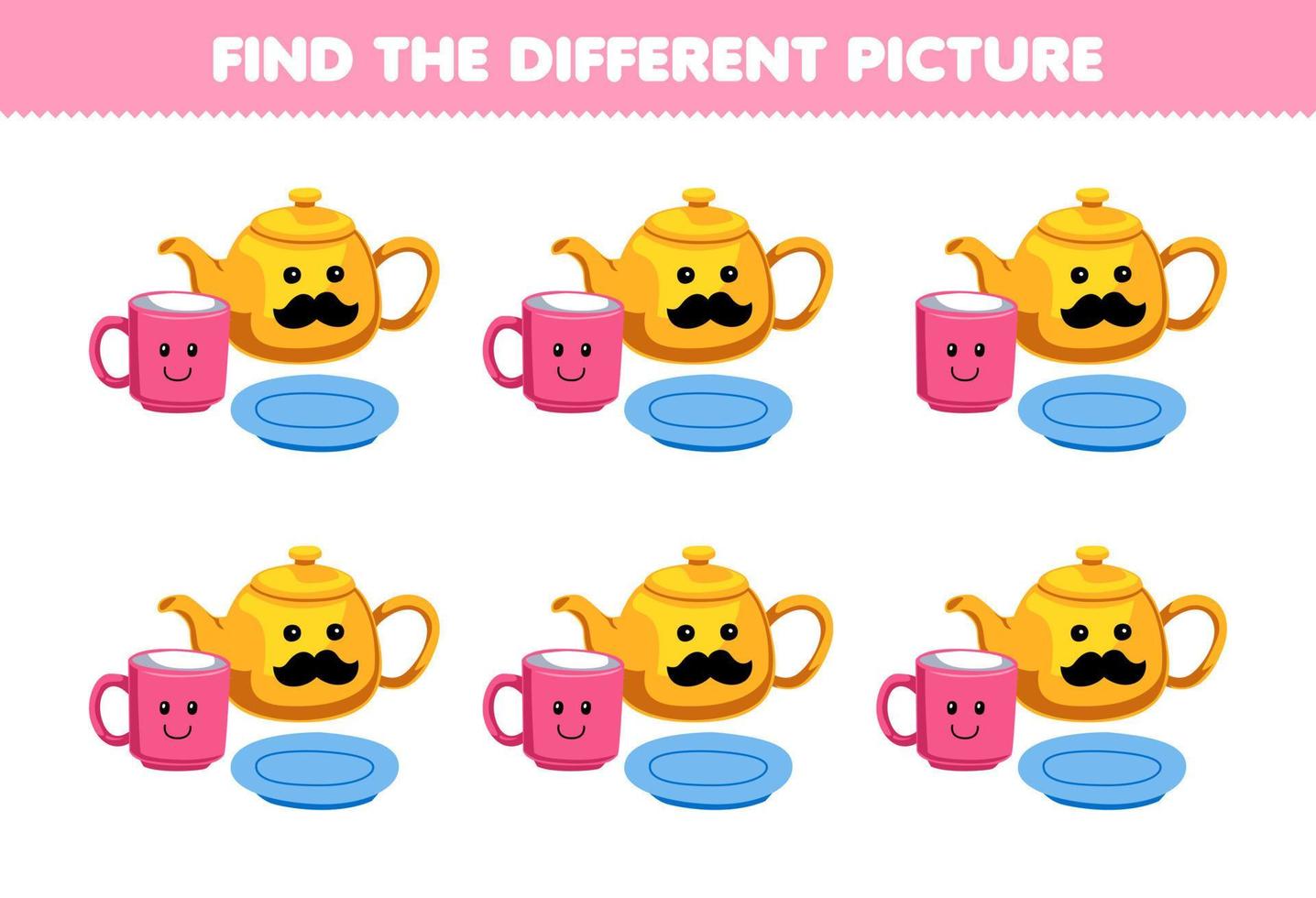 Education game for children find the different picture of cute cartoon teapot mug and plate printable tool worksheet vector