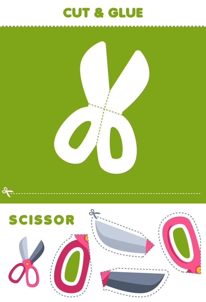 Education game for children cut and glue puzzle of cute cartoon scissor picture printable tool worksheet vector