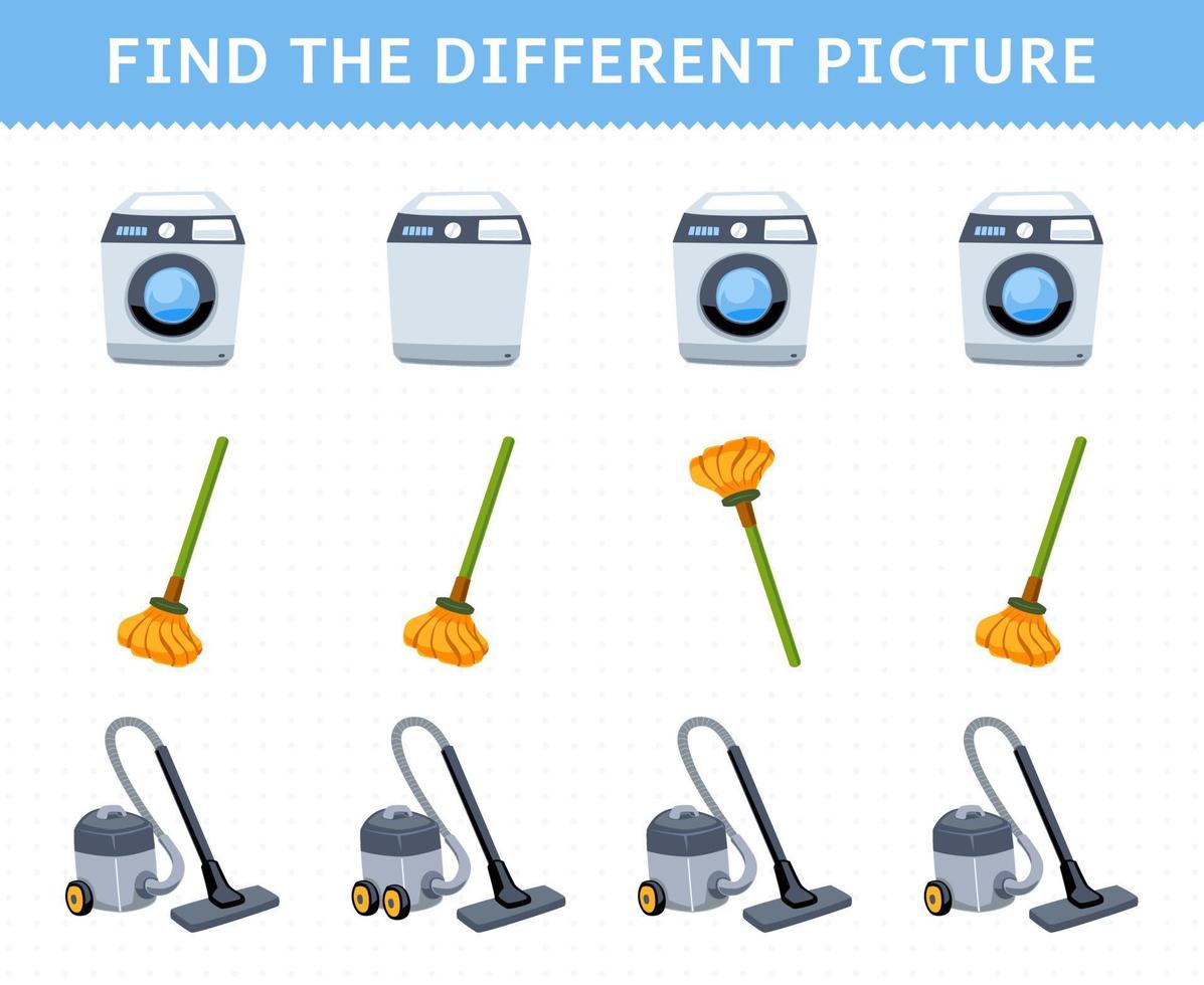 Education game for children find the different picture in each row of cute cartoon washing machine mop vacuum cleaner printable tool worksheet vector
