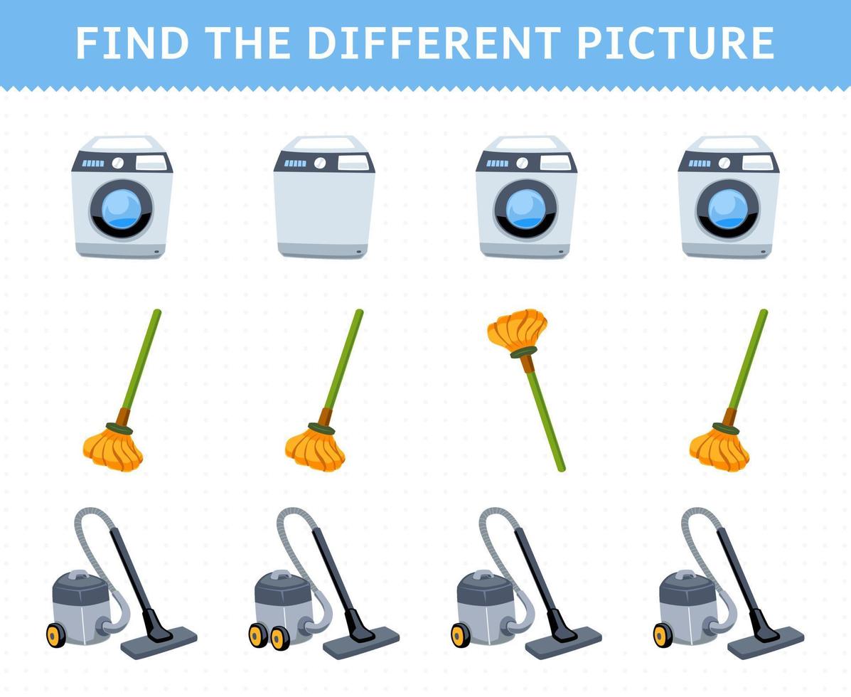 Education game for children find the different picture in each row of cute cartoon washing machine mop vacuum cleaner printable tool worksheet vector