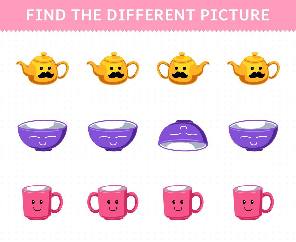 Education game for children find the different picture in each row of cute cartoon teapot bowl mug printable tool worksheet vector