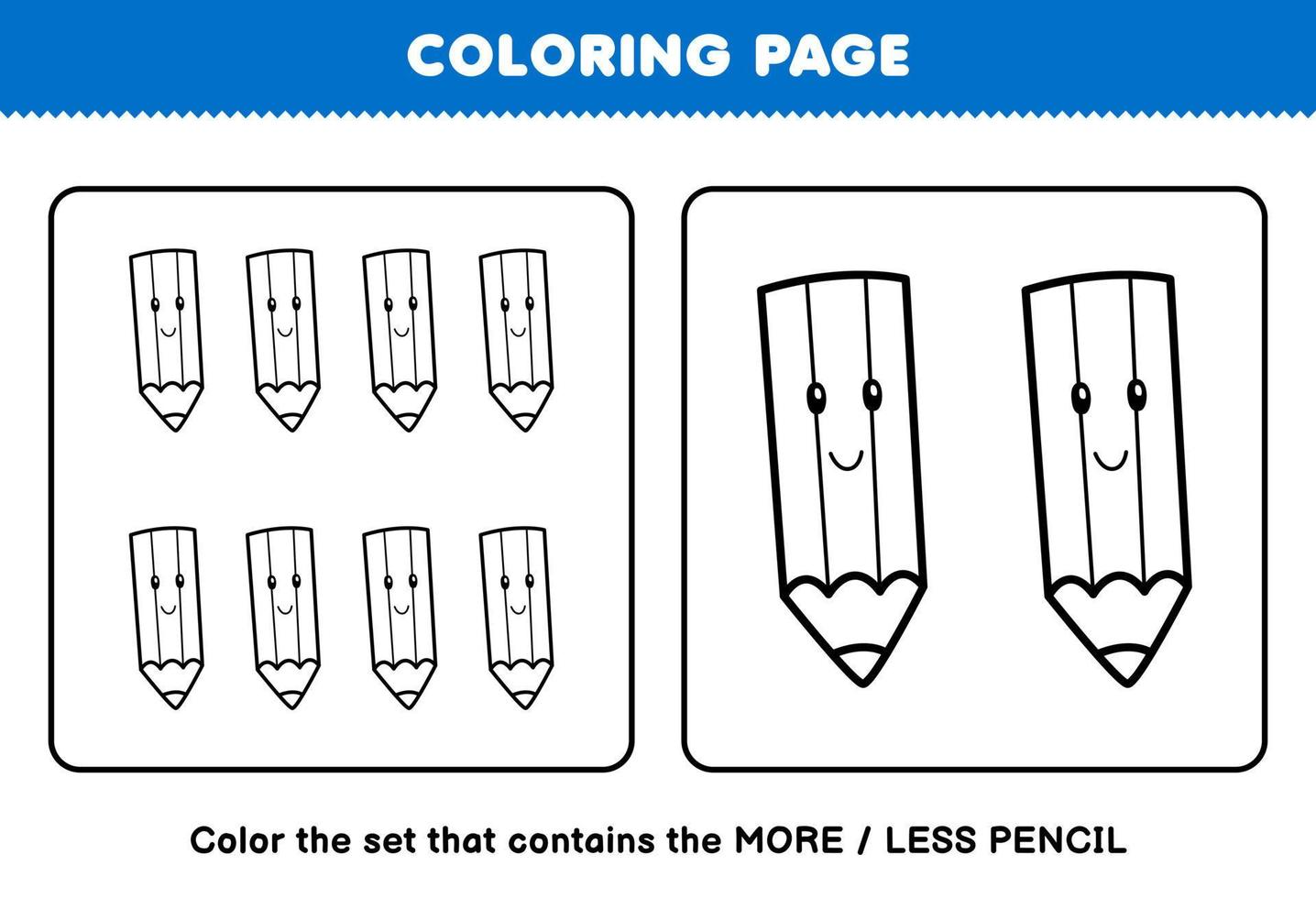 Education game for children coloring page more or less picture of cute cartoon pencil line art set printable tool worksheet vector