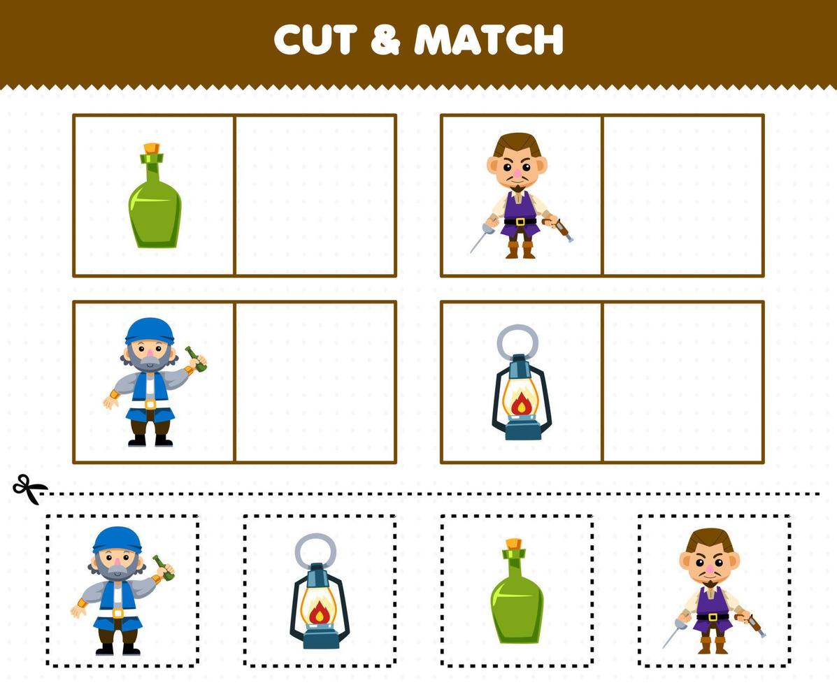 Education game for children cut and match the same picture of cute cartoon character lantern and bottle printable pirate worksheet vector