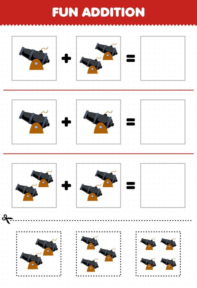 educación juego para niños divertido adición por cortar y partido de linda dibujos animados cañón imágenes para imprimible pirata hoja de cálculo vector