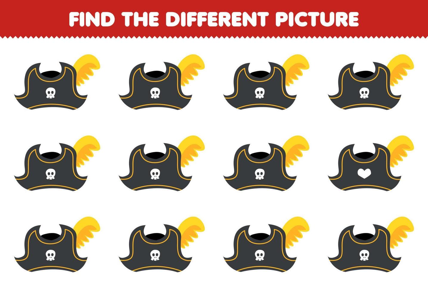 Education game for children find the different picture of cute cartoon hat printable pirate worksheet vector