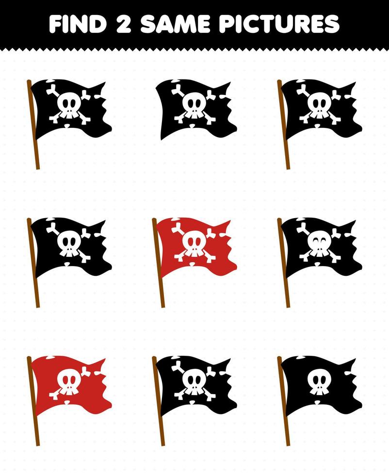 educación juego para niños encontrar dos mismo imágenes de linda dibujos animados bandera imprimible pirata hoja de cálculo vector