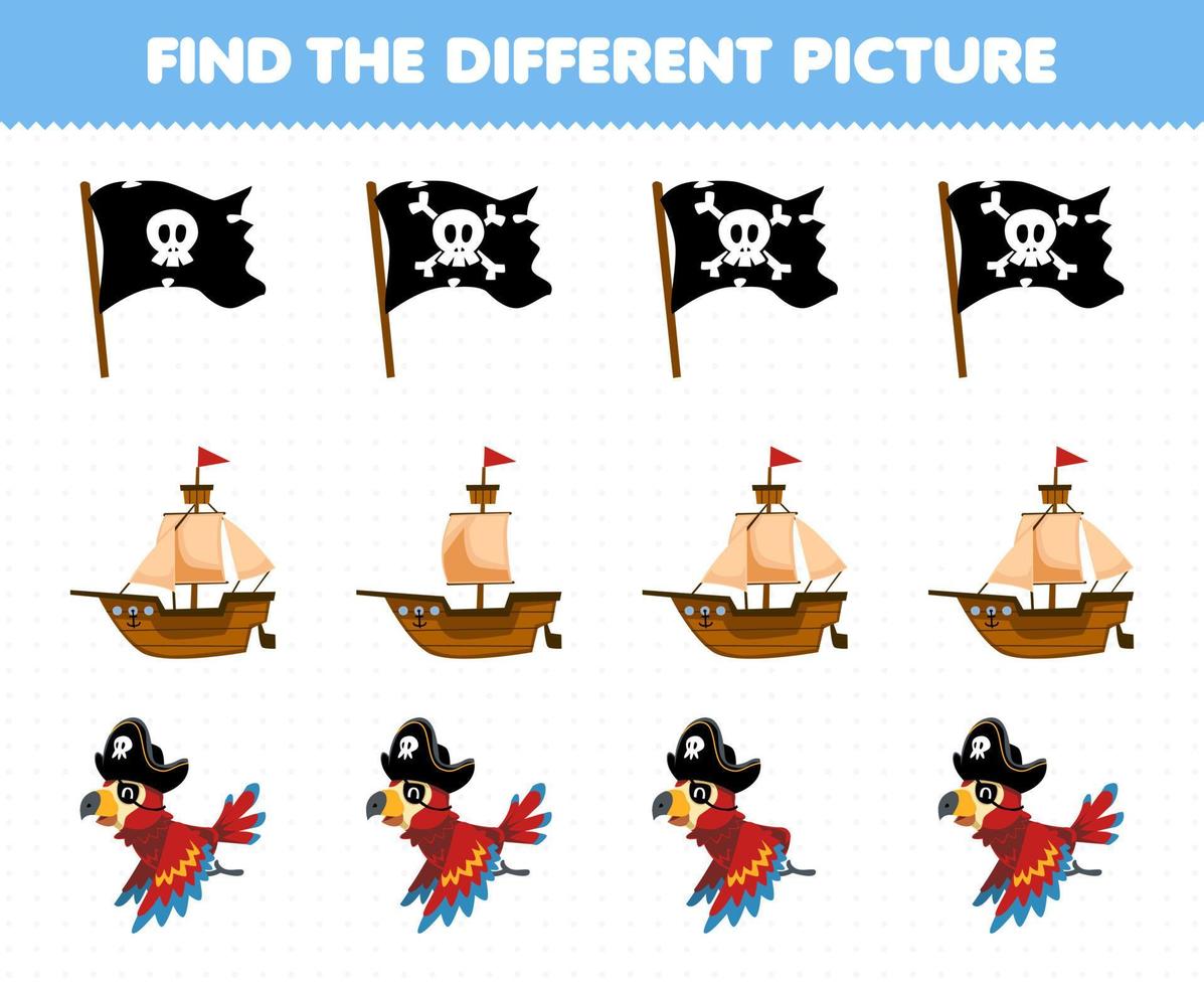 Education game for children find the different picture in each row of cute cartoon flag ship and parrot printable pirate worksheet vector