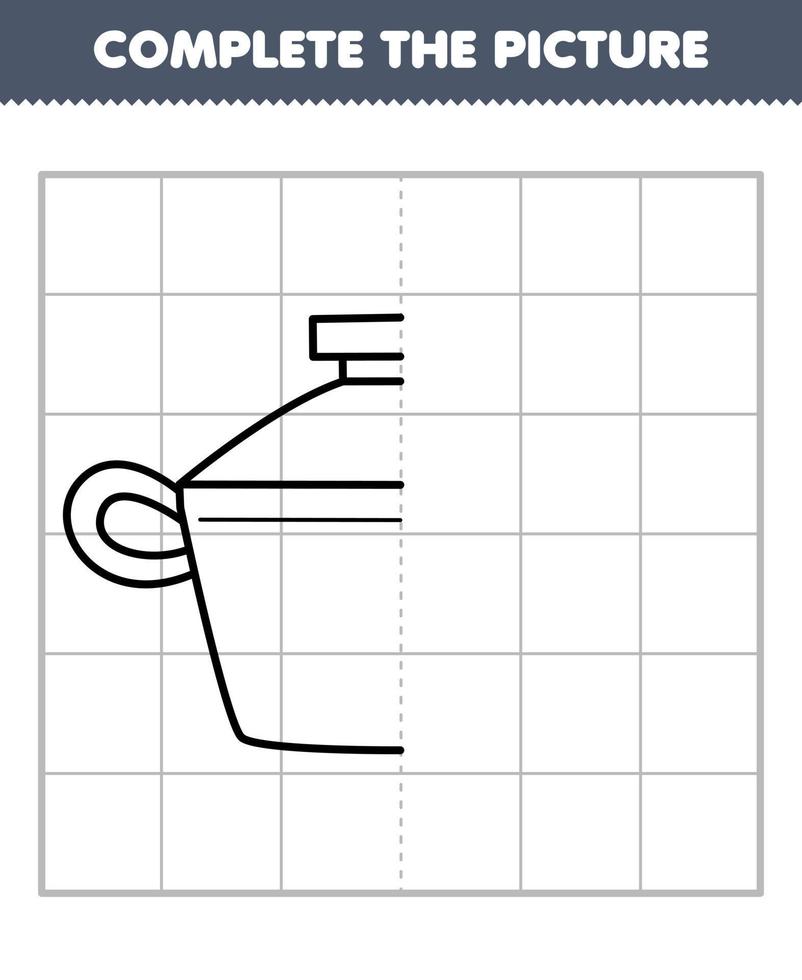 Education game for children complete the picture of cute cartoon pot half outline for drawing printable tool worksheet vector