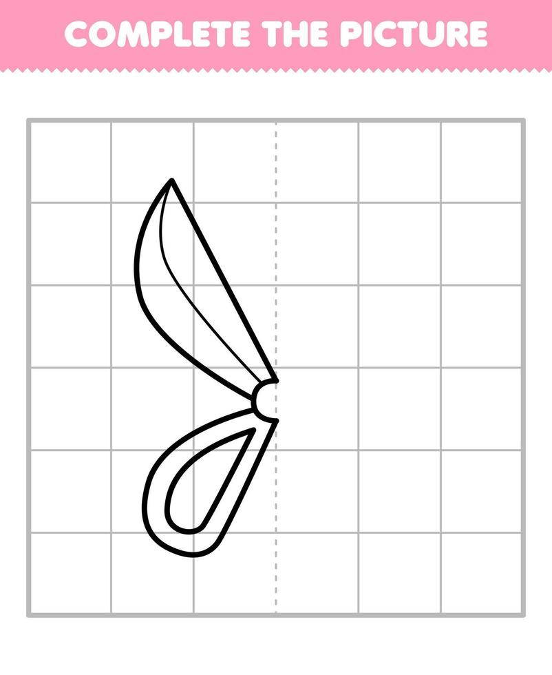 Education game for children complete the picture of cute cartoon scissor half outline for drawing printable tool worksheet vector