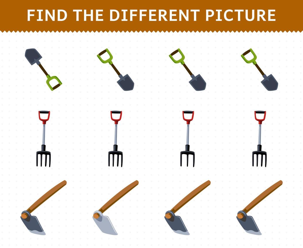 Education game for children find the different picture in each row of cute cartoon shovel rake hoe printable tool worksheet vector