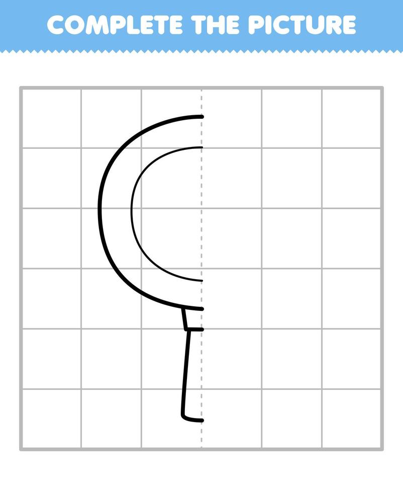 Education game for children complete the picture of cute cartoon magnifier half outline for drawing printable tool worksheet vector