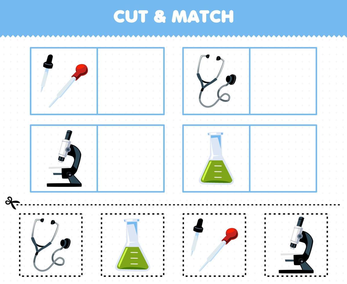 Education game for children cut and match the same picture of cute cartoon dropper stethoscope
