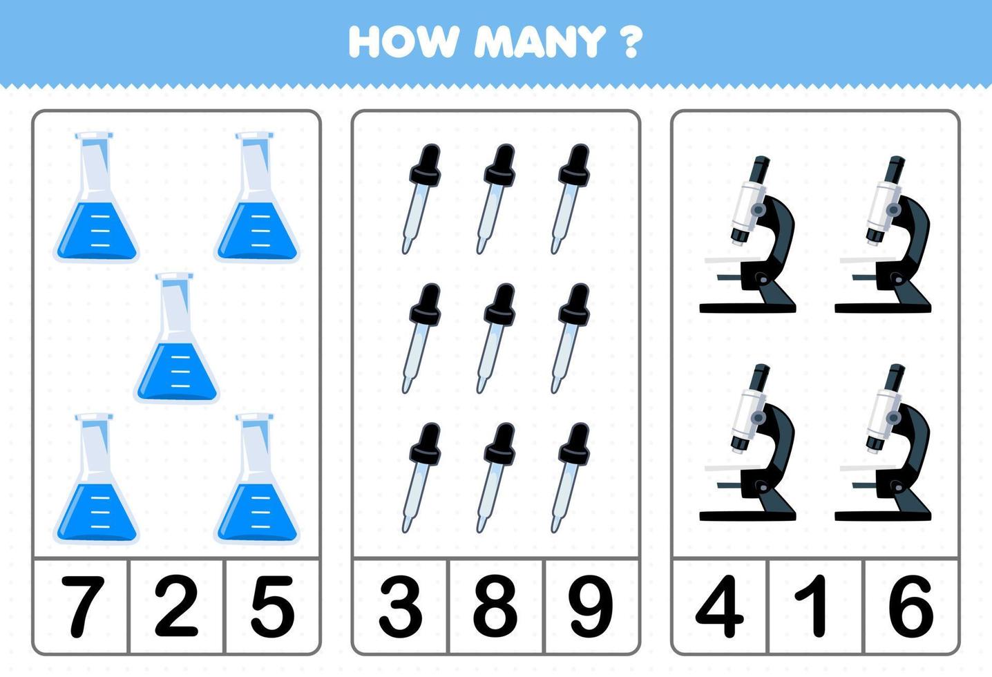 Education game for children counting how many cute cartoon beaker dropper microscope picture printable tool worksheet vector