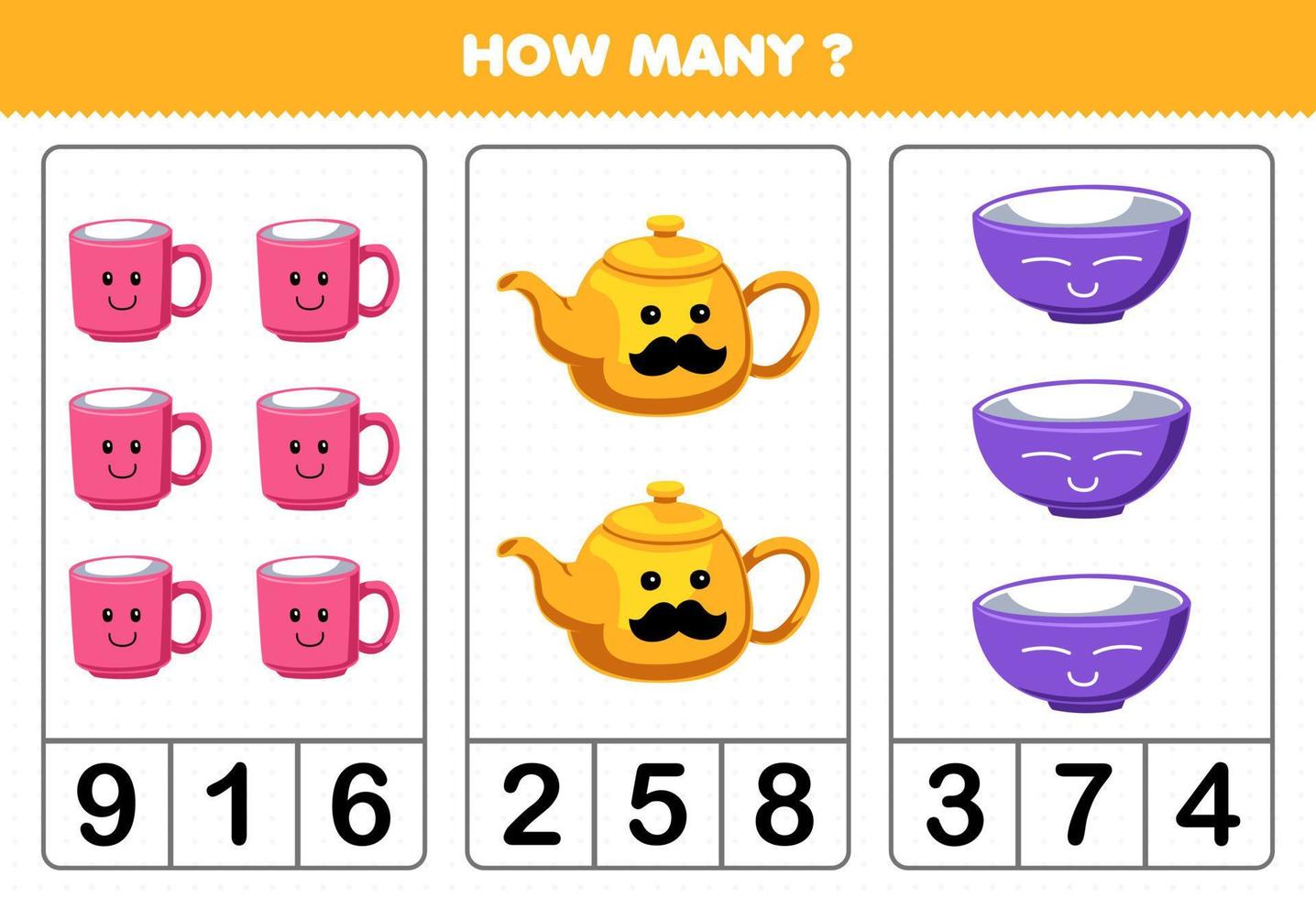 Education game for children counting how many cute cartoon mug teapot bowl picture printable tool worksheet vector