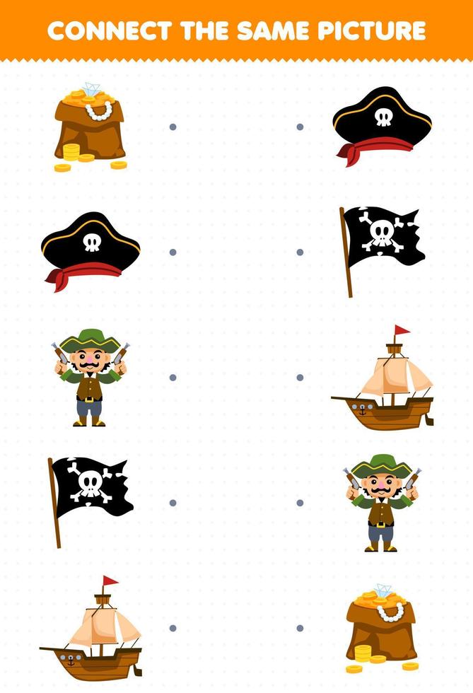 Education game for children connect the same picture of cartoon treasure hat flag ship printable pirate worksheet vector