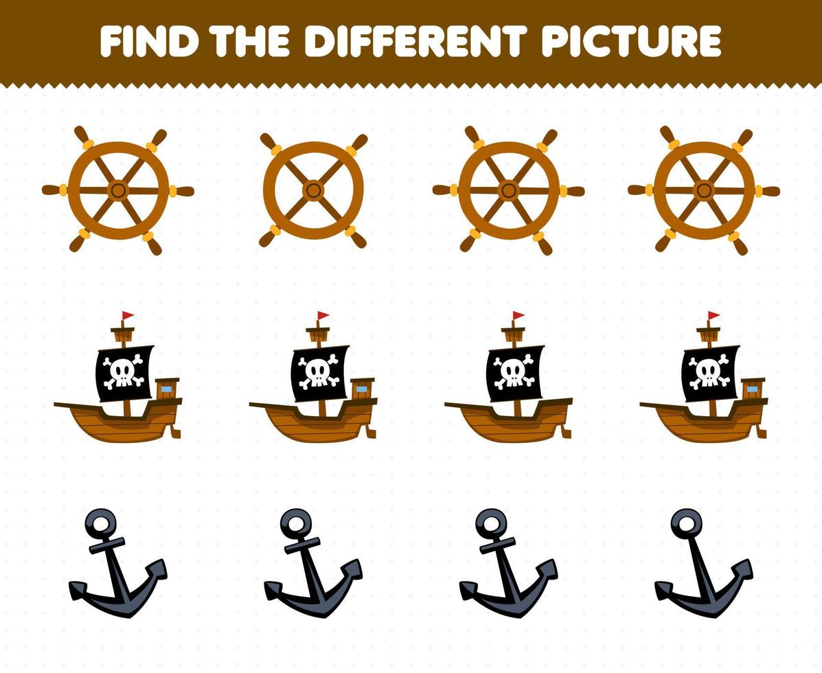 educación juego para niños encontrar el diferente imagen en cada fila de linda dibujos animados rueda Embarcacion ancla imprimible pirata hoja de cálculo vector