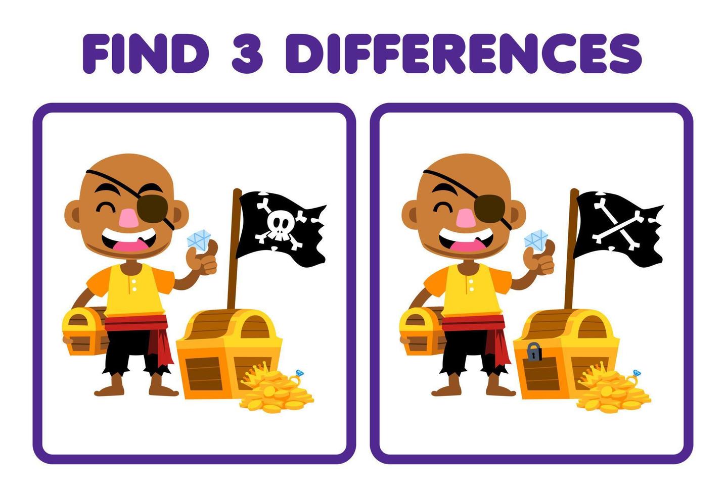 Education game for children find three differences between two cute cartoon bald man and treasure printable pirate worksheet vector