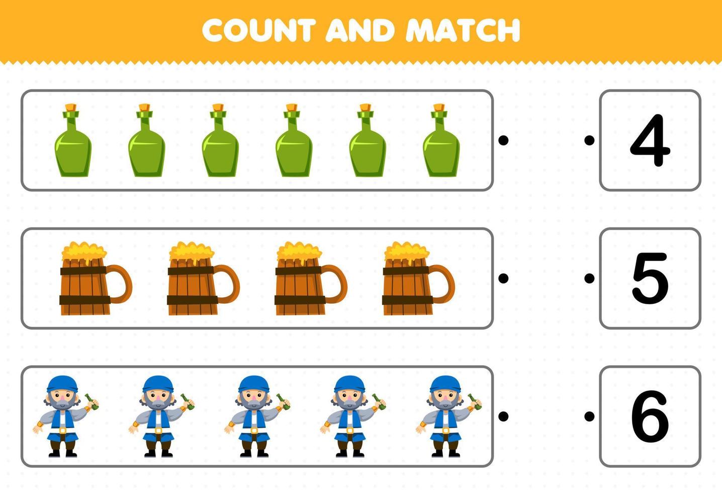 Education game for children count the number of cute cartoon bottle wooden mug old man and match with the right numbers printable pirate worksheet vector