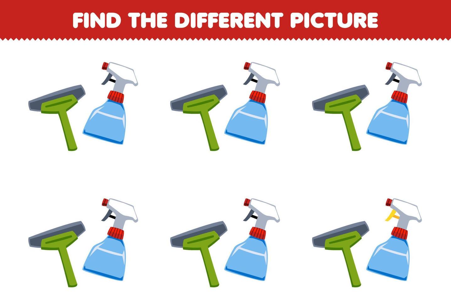 Education game for children find the different picture of cute cartoon squeegee and sprayer printable tool worksheet vector