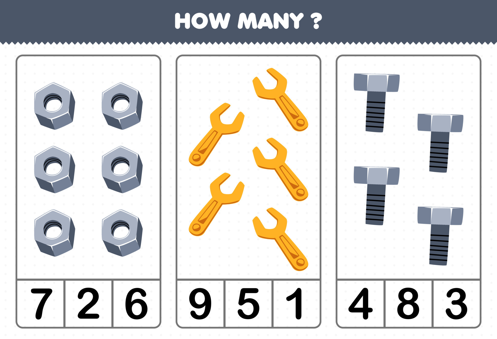 Education game for children counting how many cute cartoon nut wrench