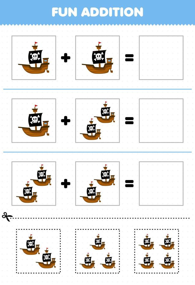 Education game for children fun addition by cut and match of cute cartoon ship pictures for printable pirate worksheet vector