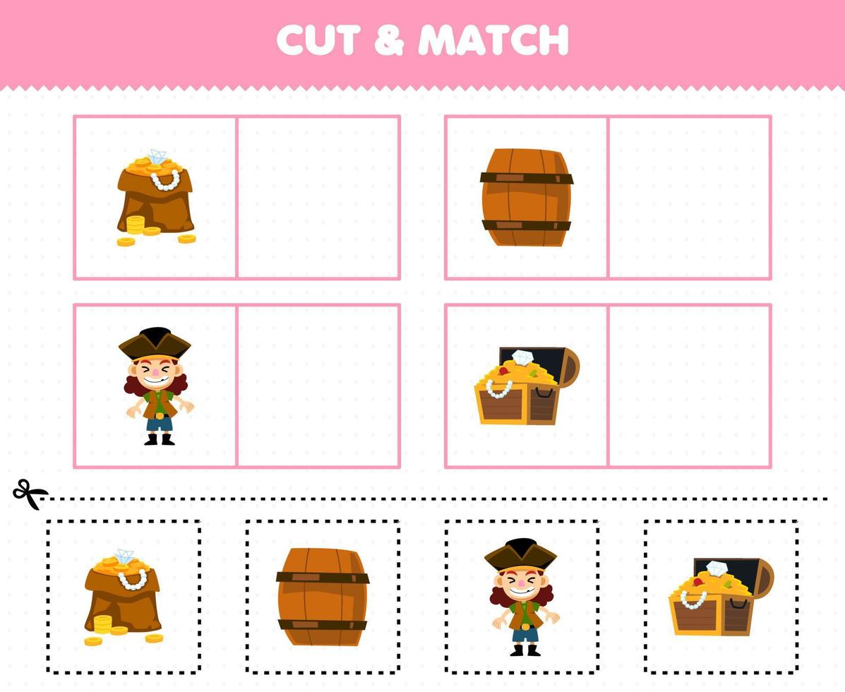 Education game for children cut and match the same picture of cute cartoon treasure chest wooden barrel printable pirate worksheet vector