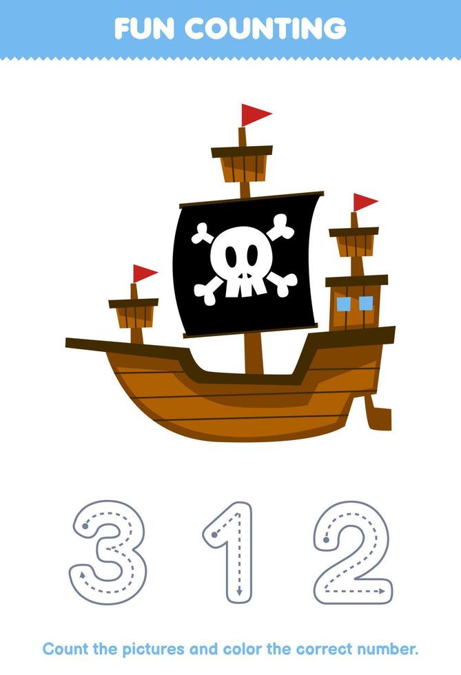 Education game for children count the pictures and color the correct number from cute cartoon ship printable pirate worksheet vector