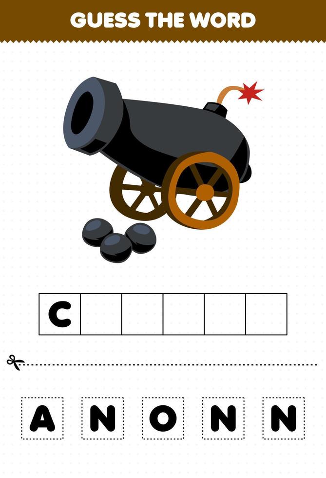 educación juego para niños adivinar el palabra letras practicando de linda dibujos animados cañón imprimible pirata hoja de cálculo vector