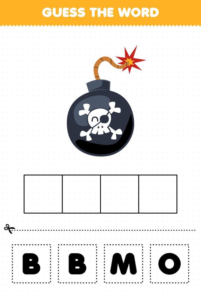 Education game for children guess the word letters practicing of cute cartoon bomb printable pirate worksheet vector