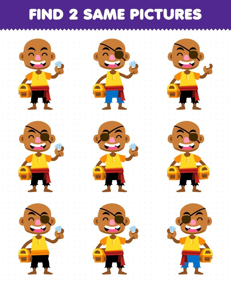Education game for children find two same pictures of cute cartoon bald man printable pirate worksheet vector