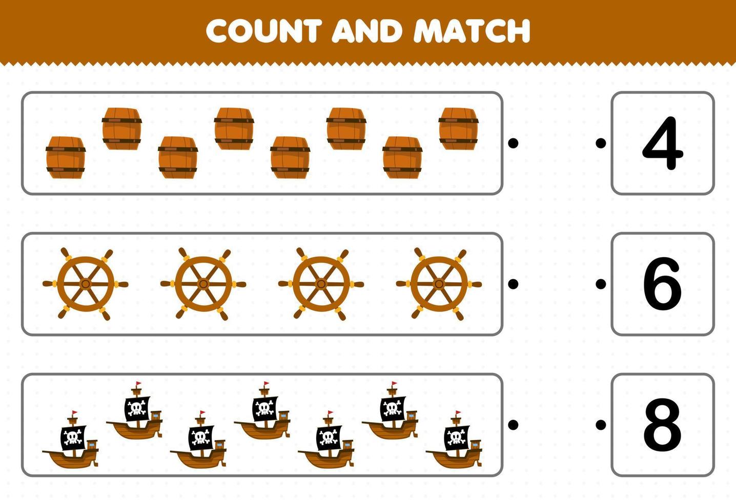 Education game for children count the number of cute cartoon barrel wheel ship and match with the right numbers printable pirate worksheet vector