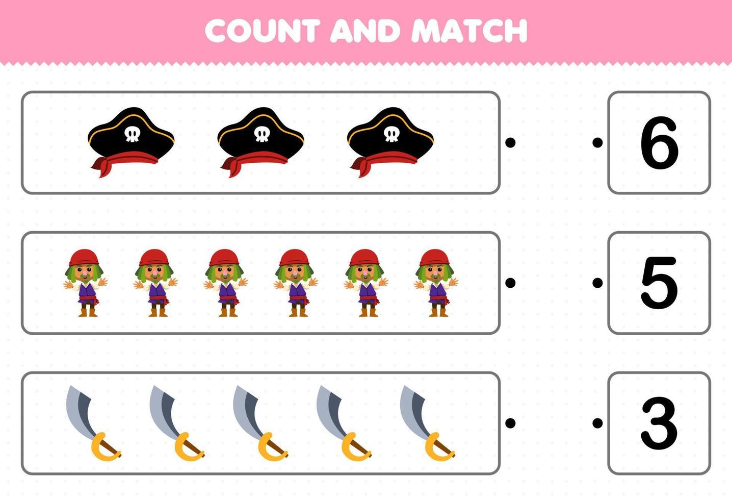 Education game for children count the number of cute cartoon hat man sword and match with the right numbers printable pirate worksheet vector