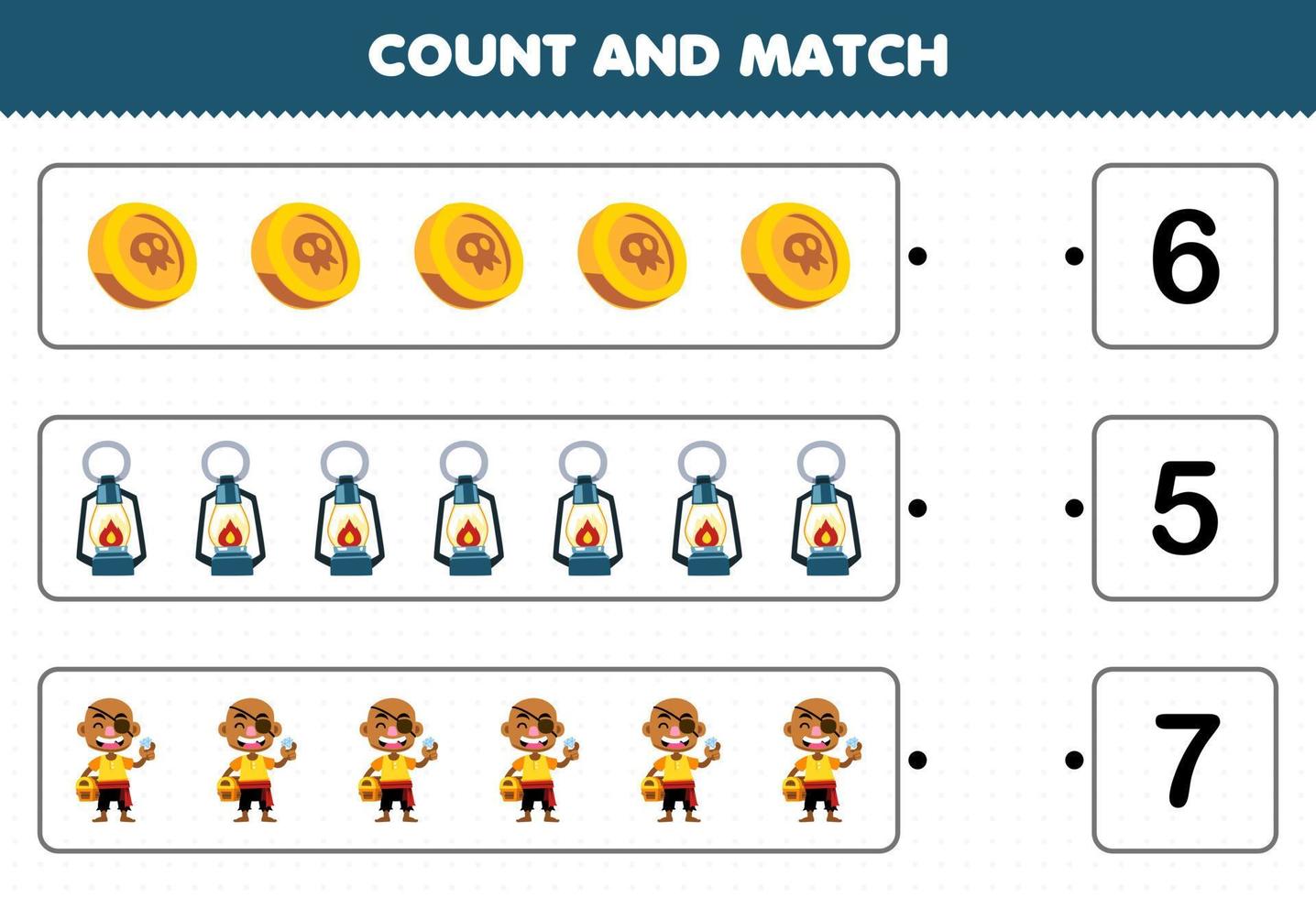 Education game for children count the number of cute cartoon coin lantern bald man and match with the right numbers printable pirate worksheet vector