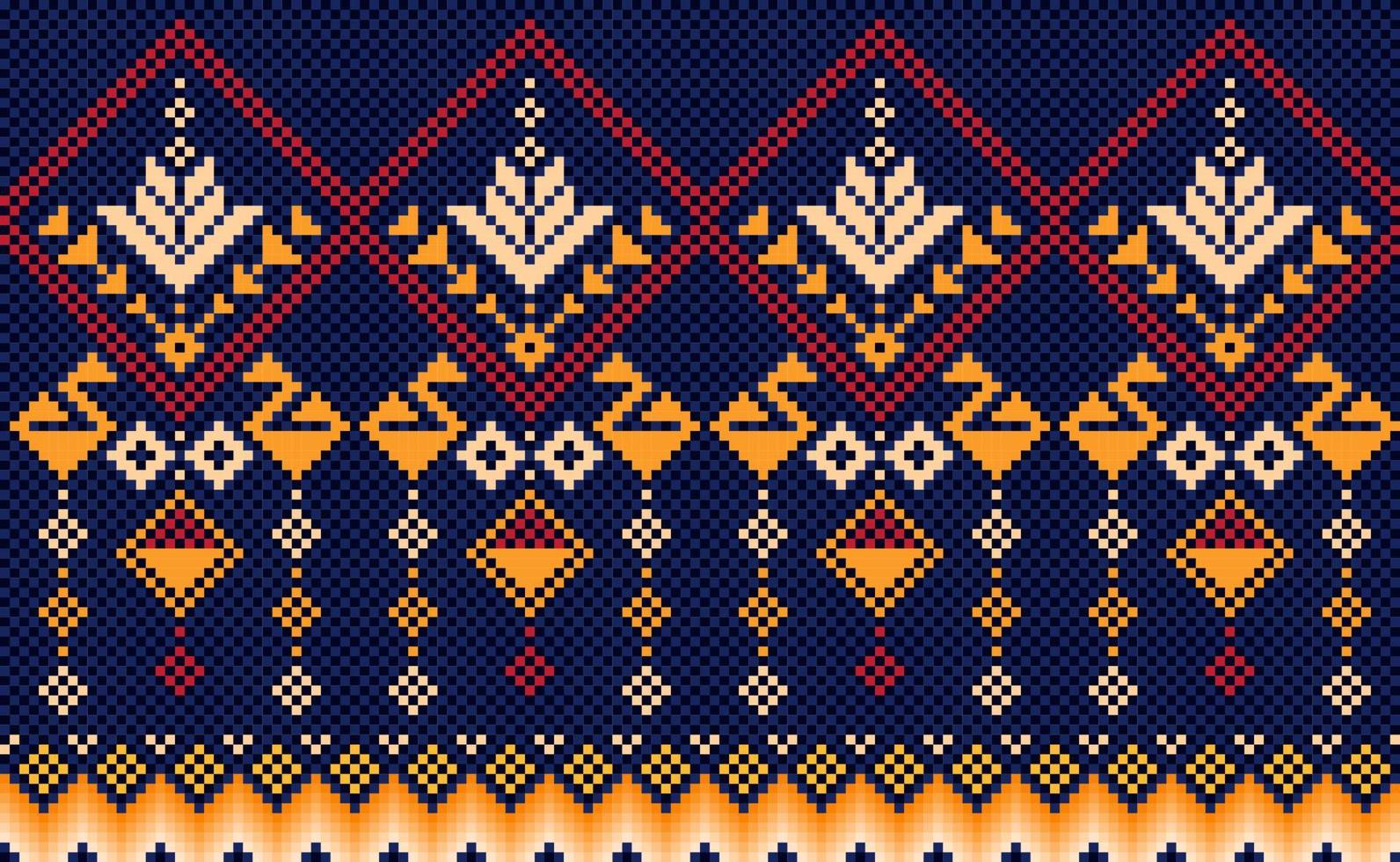Geometric ethnic pattern, Vector embroidery ethnic background, Orange and red Pixel diagonal ornate style