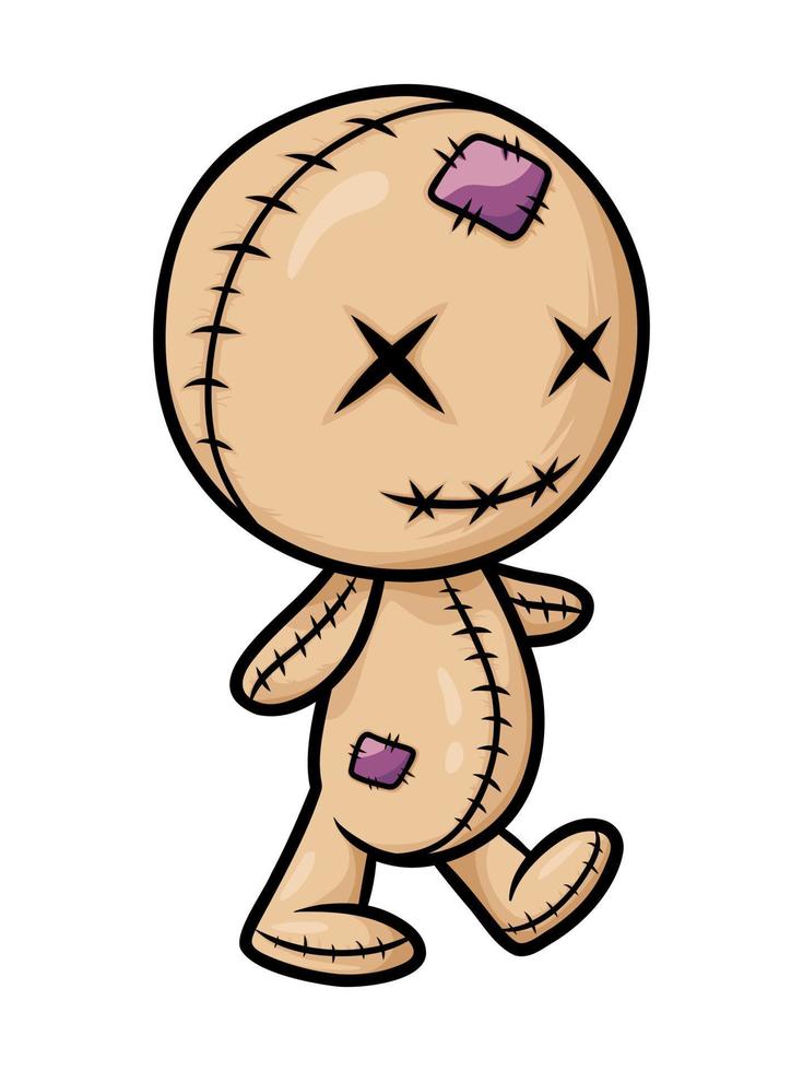 Crazy voodoo doll. Colored cute evil doll isolated. Sewn voodoo doll walking through. Vector illustration. Design for stickers, cards, invitations. Stitched thread funny zombie monster.
