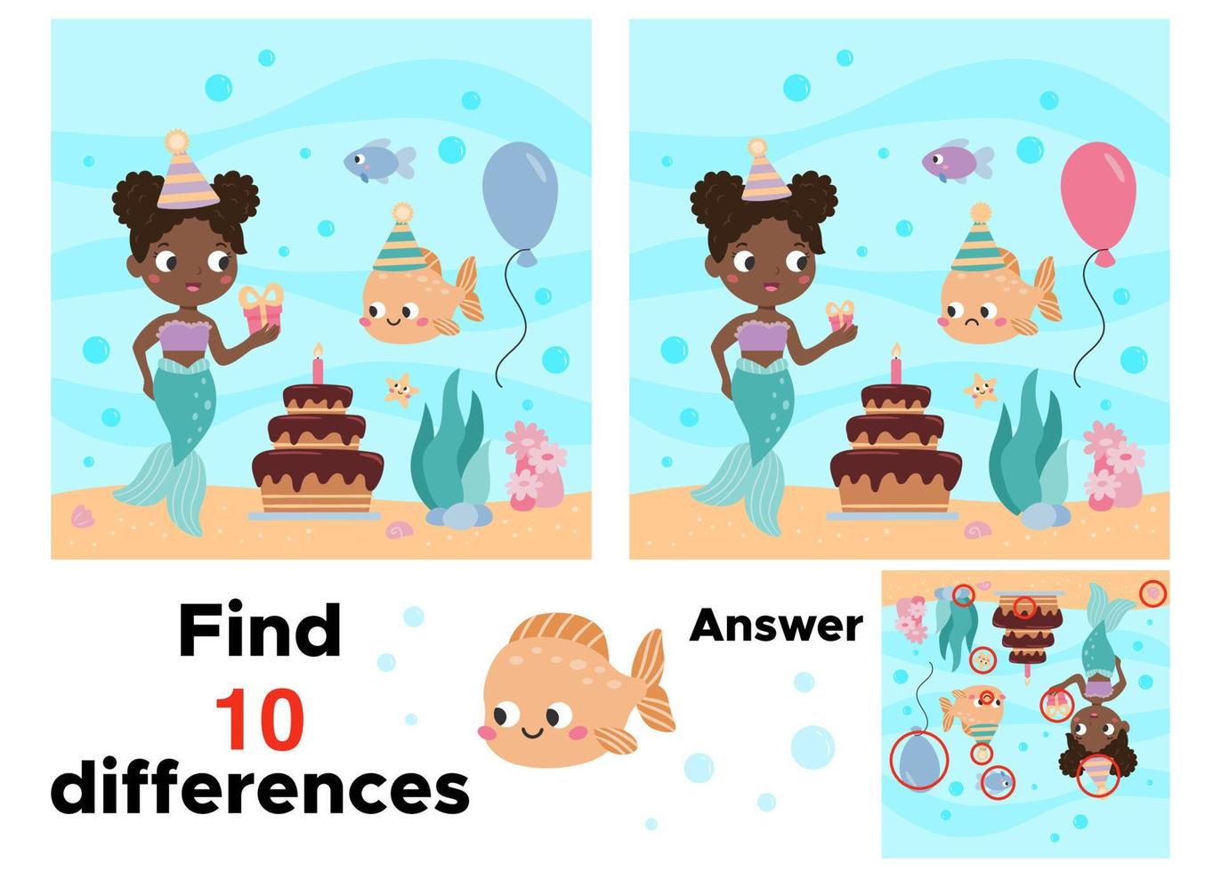 Educational game for children. Find 10 differences. Birthday theme. Printable puzzle. Cute mermaid and fish. Fairy tale. Vector illustration for children workbook.