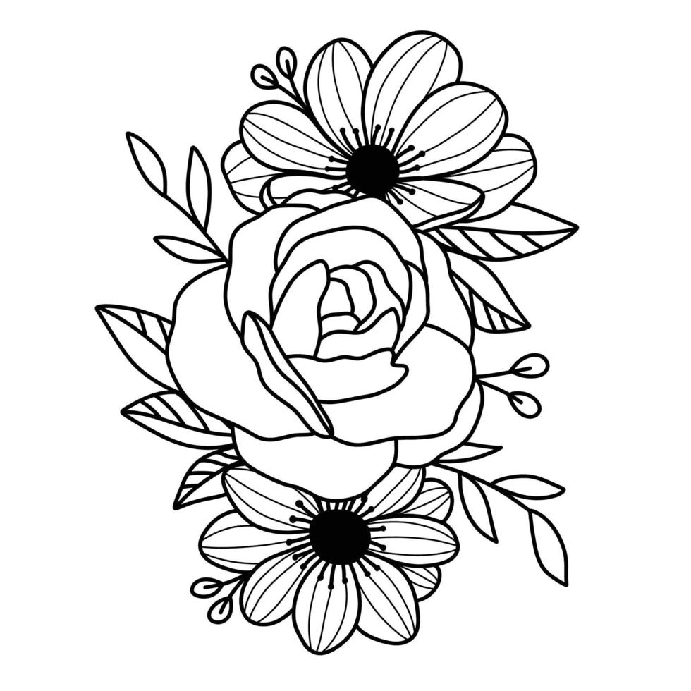 Hand drawn outline flowers. Line art roses, anemones, branches and leaves. Floral coloring page. Doodle flowers on white background. Vector sketch illustration.