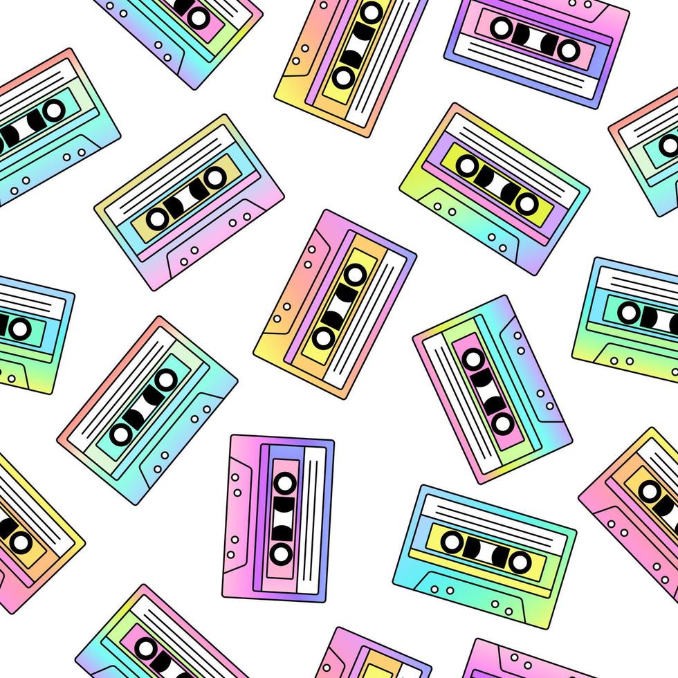 Retro seamless pattern. Vintage cassette tapes on white background. Pastel gradients. Disco dance audio cassette. Vector illustration.