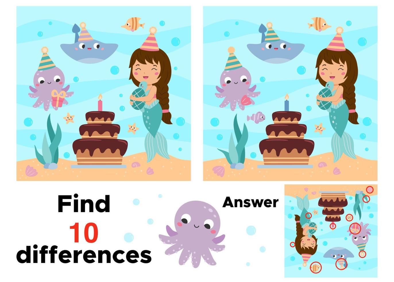 Find 10 differences. Educational game for children. Cute mermaid, birthday cake, octopus, fish and stingray. Underwater theme. Fairy tale characters. Puzzle game. Vector illustration.