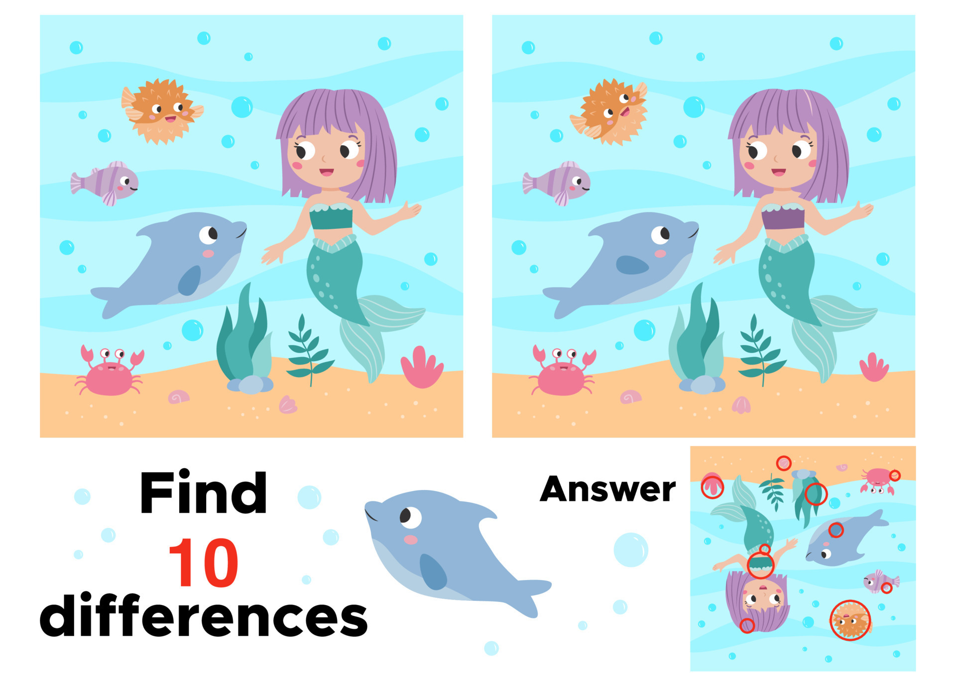Find differences. Educational game for kids. Cute mermaid with dolphin