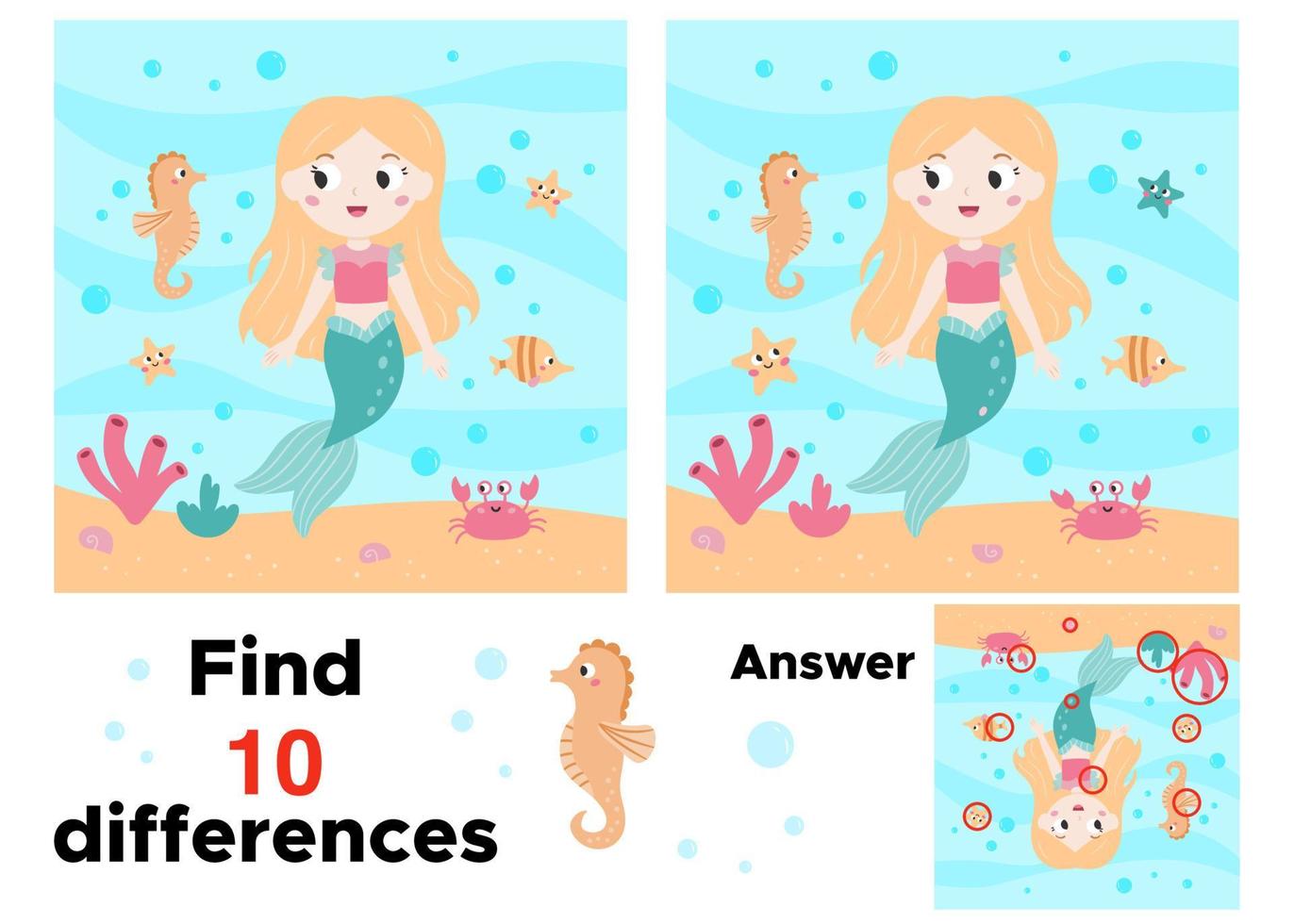 Educational game for children. Find differences. Fairy tale theme. Little mermaid with sea animals. Printable puzzle. Vector illustration.