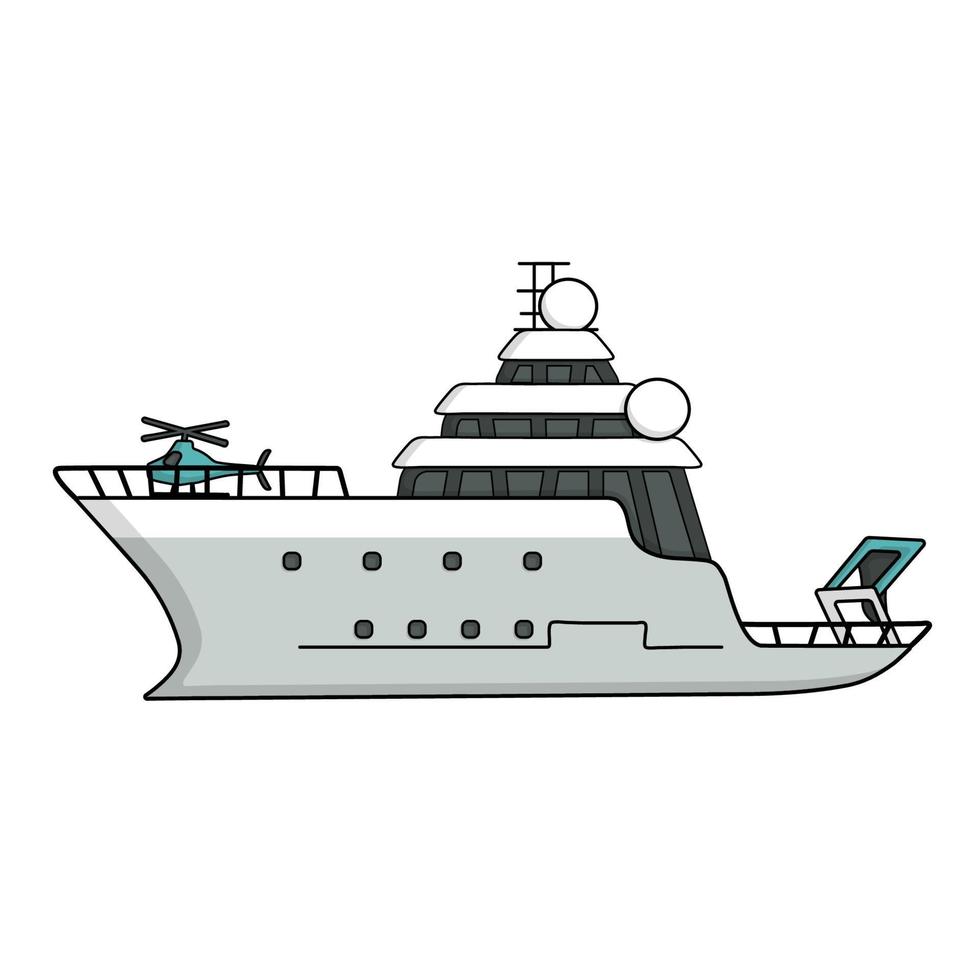 Research vessel for sea exploration, expedition ship with helicopter vector illustration